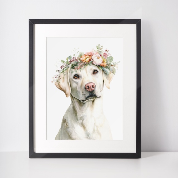 Watercolor Labrador Retriever with Flower Crown Portrait Wall Art Print Unframed - Picture 3 of 7